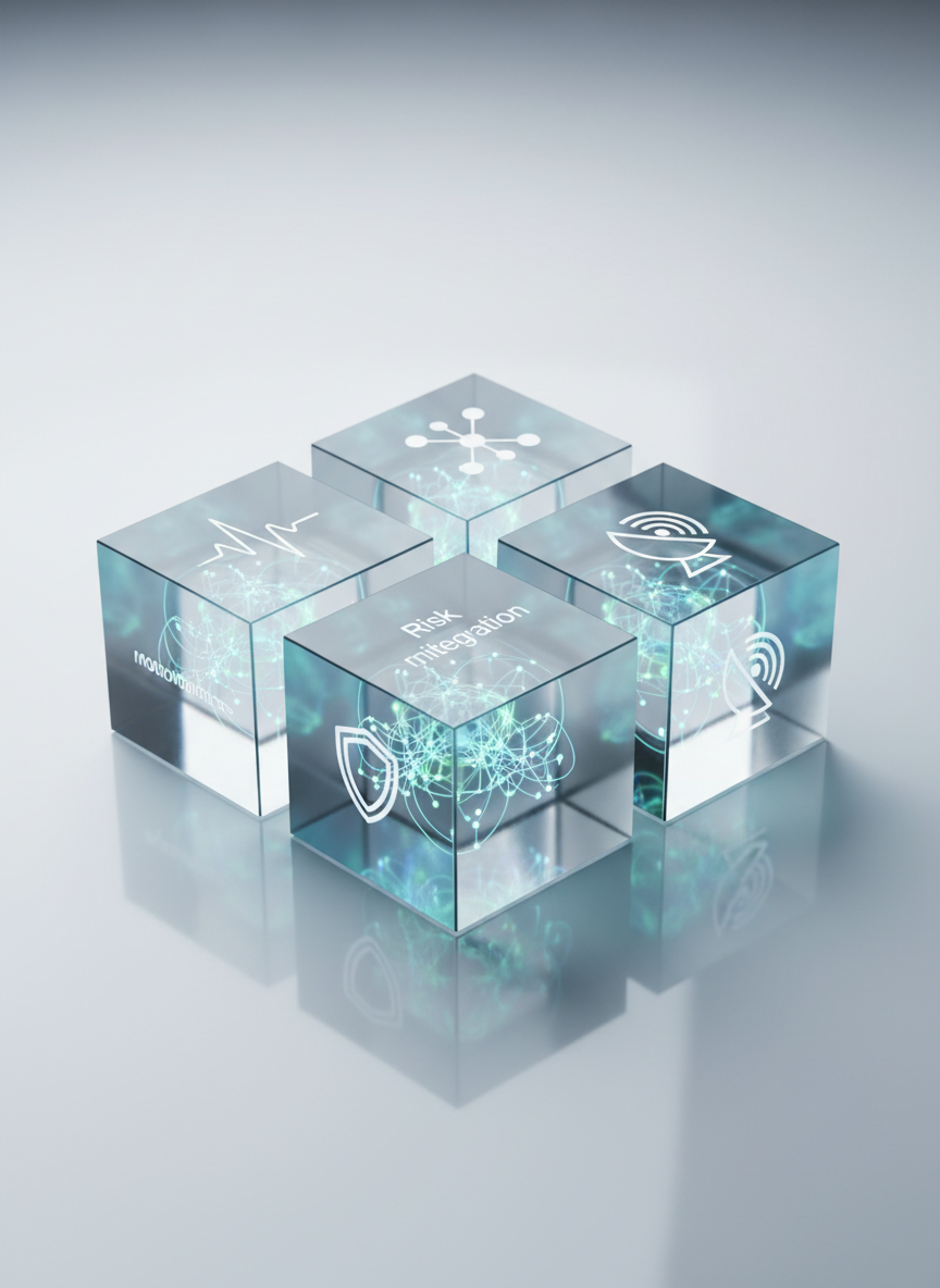 A detailed, photographic-realism image of four sleek, semi-transparent cubes arranged in a precise square on a reflective white surface, each cube etched with a minimalist icon representing a pillar of an early warning framework: a waveform for monitoring, a network node for data integration, a shield for risk mitigation, and a radar symbol for forecasting. Inside each cube, fine glowing lines form subtle neural-network patterns. Cool, diffused overhead lighting casts crisp but gentle reflections, emphasizing edges and textures. The background is a soft, gradient light gray fading to white, keeping the scene uncluttered. Captured from a slightly elevated angle with sharp focus throughout, the mood is structured, systematic, and professional, echoing an organized four-pillar scientific framework.
