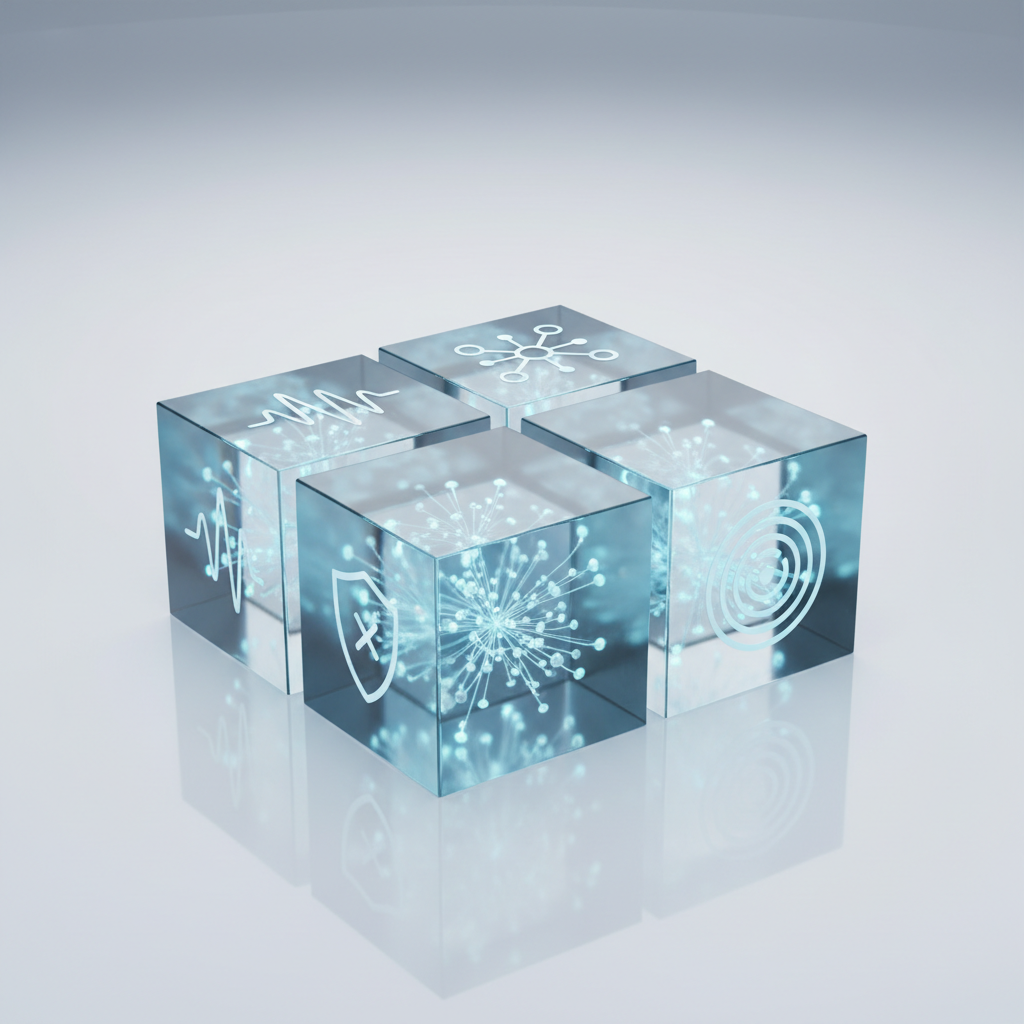 A detailed, photographic-realism image of four sleek, semi-transparent cubes arranged in a precise square on a reflective white surface, each cube etched with a minimalist icon representing a pillar of an early warning framework: a waveform for monitoring, a network node for data integration, a shield for risk mitigation, and a radar symbol for forecasting. Inside each cube, fine glowing lines form subtle neural-network patterns. Cool, diffused overhead lighting casts crisp but gentle reflections, emphasizing edges and textures. The background is a soft, gradient light gray fading to white, keeping the scene uncluttered. Captured from a slightly elevated angle with sharp focus throughout, the mood is structured, systematic, and professional, echoing an organized four-pillar scientific framework.