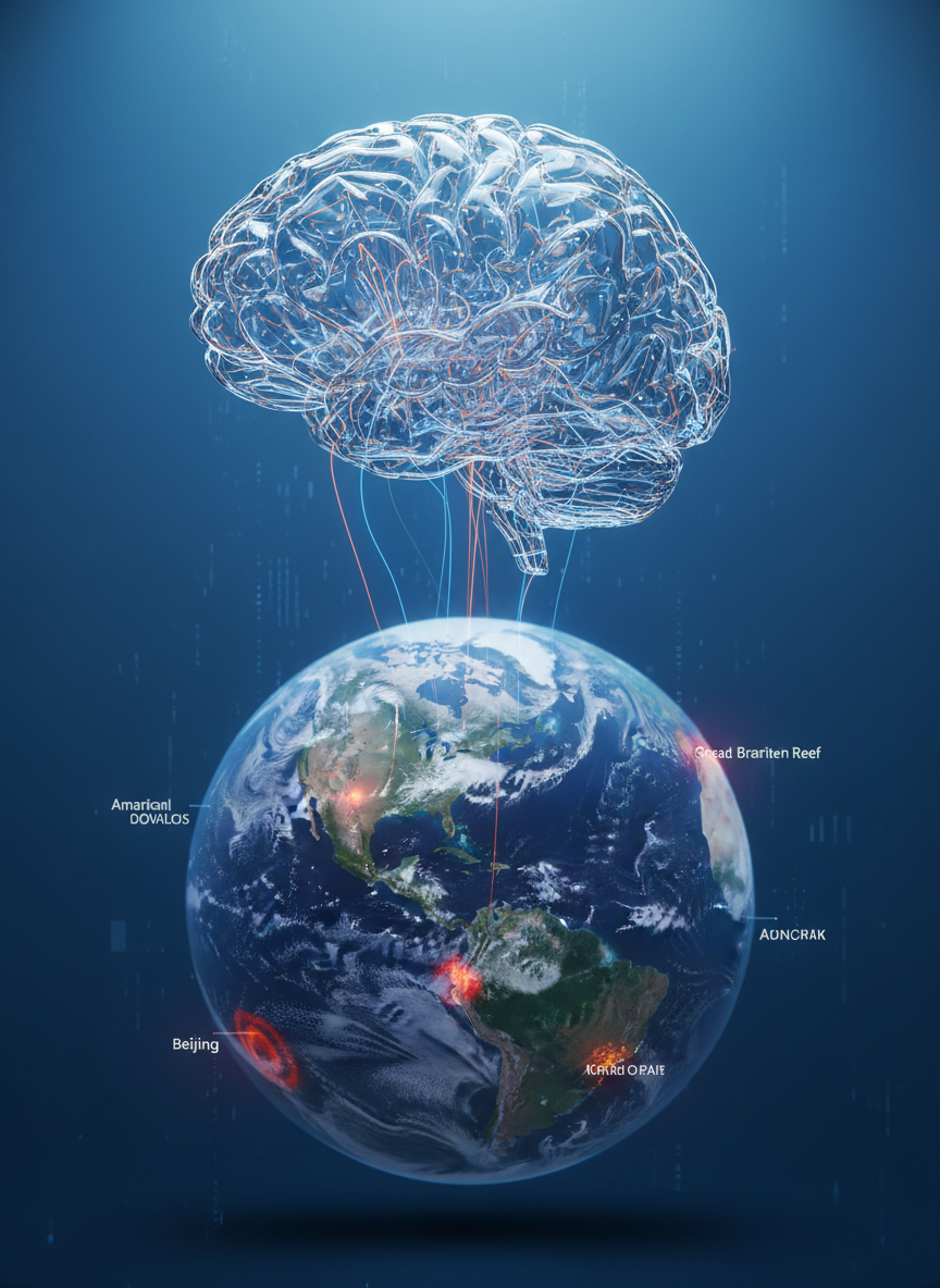 A high-resolution, photographic-realism visualization of a translucent human brain made of fine glass-like material, suspended above a subtly textured globe of Earth. Thin, luminous lines connect specific cortical regions to highlighted climate hotspots on the planet’s surface, shown as softly glowing zones of heat. The background is a clean, deep blue gradient suggesting the atmosphere and data space. Soft, diffused studio lighting creates precise reflections on the glass brain and gentle highlights on ocean surfaces, with minimal shadows. Shot at eye level with a centered, balanced composition and shallow depth of field to keep focus on the brain–Earth relationship. The mood is professional, analytical, and forward-looking, ideal as a universal hero image for a climate–neurology research site.