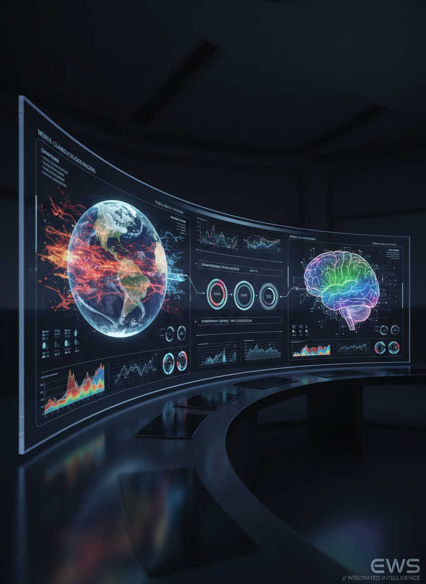A hyper-detailed, photographic-realism rendering of a large, curved digital dashboard in a dark, minimalist control-room environment, displaying layered climate maps and brain-scan visualizations side by side. One screen shows a rotating 3D Earth with animated temperature anomalies, while another displays a semi-transparent brain with highlighted neural pathways pulsing in synchronized color gradients. Thin, glowing graphs and clean infographics float between them, connecting climate indices with neurological indicators. Subtle, cool-toned ambient lighting illuminates the screens while the surroundings remain in soft shadow, drawing focus to the data. Shot from a slightly off-center, wide-angle perspective, the composition emphasizes depth and immersion. The atmosphere is analytical, calm, and technologically advanced, suited to depict integrated early warning systems.