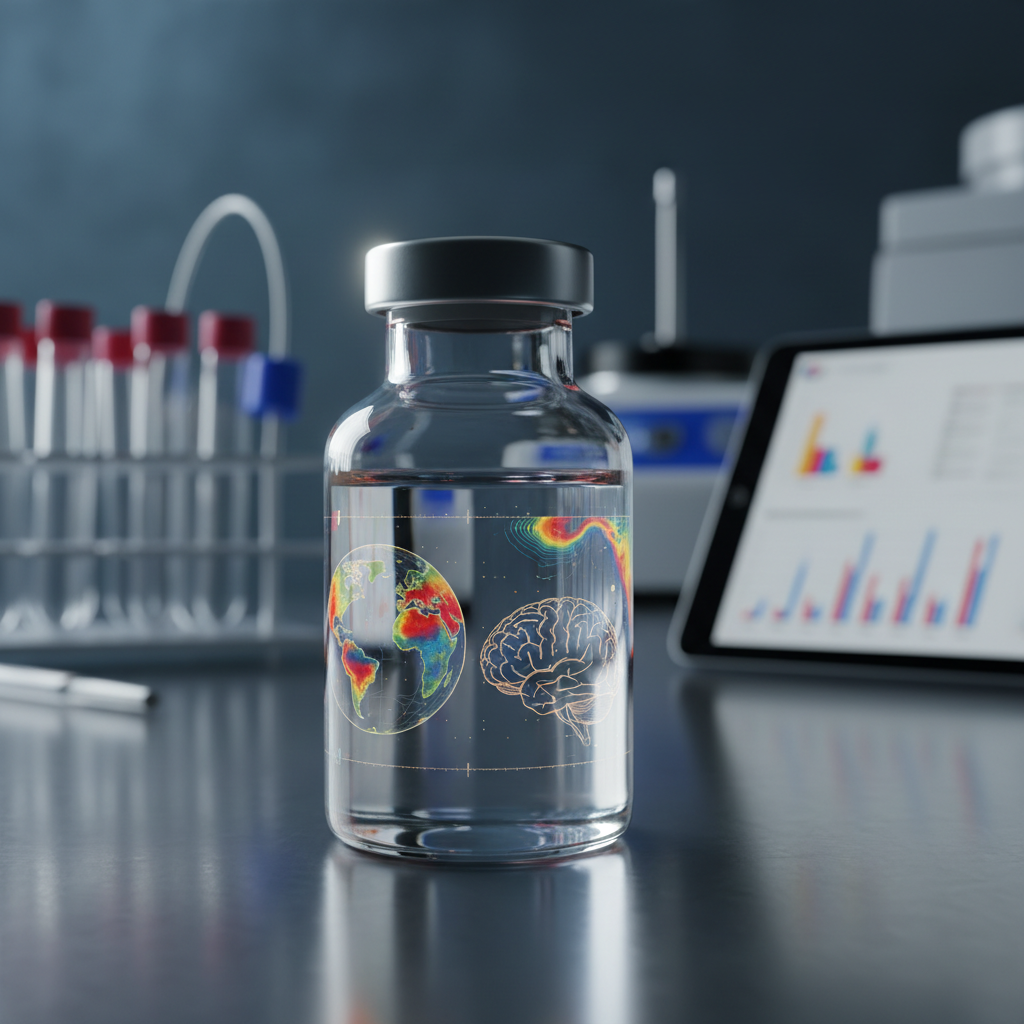 A close-up, photographic-realism image of a clear glass vial filled halfway with shimmering, color-shifting liquid resting on a brushed metal lab bench. Reflected in the curved glass surface are two crisp overlays: a faint climate heat map and a delicate outline of a brain, both subtly projected on the vial as if mirrored data. Behind it, a softly blurred background shows out-of-focus lab instruments and a digital tablet displaying small, colorful charts. Cool, directional side lighting creates sharp highlights along the glass edges and gentle shadows on the metal surface, conveying precision. Composed at eye level with a shallow depth of field, the mood is meticulous, experimental, and clinically professional, ideal for illustrating biomarker research within a climate–neurology framework.