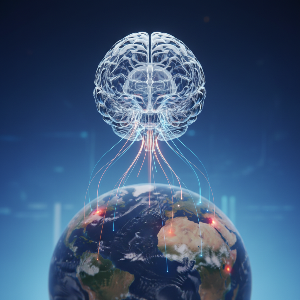 A high-resolution, photographic-realism visualization of a translucent human brain made of fine glass-like material, suspended above a subtly textured globe of Earth. Thin, luminous lines connect specific cortical regions to highlighted climate hotspots on the planet’s surface, shown as softly glowing zones of heat. The background is a clean, deep blue gradient suggesting the atmosphere and data space. Soft, diffused studio lighting creates precise reflections on the glass brain and gentle highlights on ocean surfaces, with minimal shadows. Shot at eye level with a centered, balanced composition and shallow depth of field to keep focus on the brain–Earth relationship. The mood is professional, analytical, and forward-looking, ideal as a universal hero image for a climate–neurology research site.